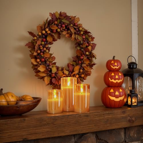 Image of Amagic Gold Glass Flameless Candles Battery Operated with Timer, Remote Control, Flickering LED Fake Pillar Candles for Fall Decoration, Christmas Thanksgiving Decor, Amber, Set of 3