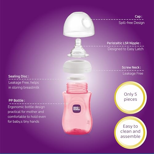 Image of BeeBaby Ease Wide Neck Colour Feeding Bottle 300 ml | BPA Free Easy Latching Baby Milk Bottle for Newborns & Infants | Soft Silicone Anti-Colic Nipple Fast Flow (8 Months +) |Pink, Pack of 2