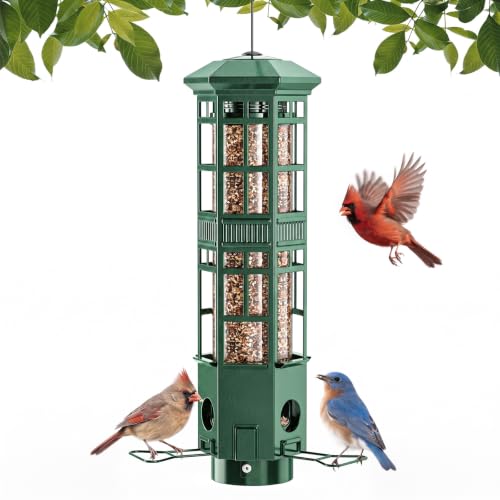 Squirrel Proof Bird Feeder, Chew-Resistant Metal Hanging Bird Feeder for Outdoors Gravity Spring Mechanism, 3 Feeding Ports, 3LB Large Capacity, Weatherproof Design for Wild Birds, Green