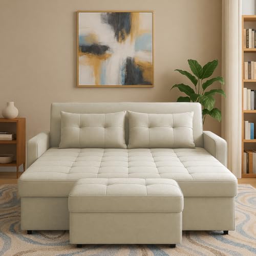 Image of Emilio 2-Seater Sofa Cum Bed for Living Room, Office & Home with Center Table | Premium Fabric Pull-Out Sofa Set with 1 Year Warranty | Space Saving Convertible Sleeper Sofa | Cream Colour