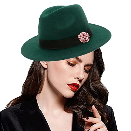 Seven Wolves Women's Felt Fedora Hat Wool Panama Hat Wide Brim Fedoras Jazz Hat With Flower Brooches For Wedding/Party/Church/Formal Occasion, 2-Army Green Pink #TOP30