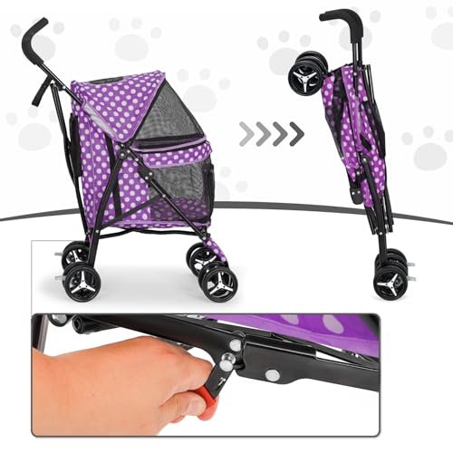 Image of MoNiBloom 4 Wheels Pet Stroller, Easy-Fold Umbrella Shaped Dog Cat Jogger Stroller w /Storage Bag & Visible Mesh for Small /Medium Dogs Cats Purple Polka Dots