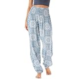 Lotus and Luna Women's Harem Pants - Thai Beach & Lounge High Waisted Flowing Boho Genie Yoga Pants (Small Moon Shadow)