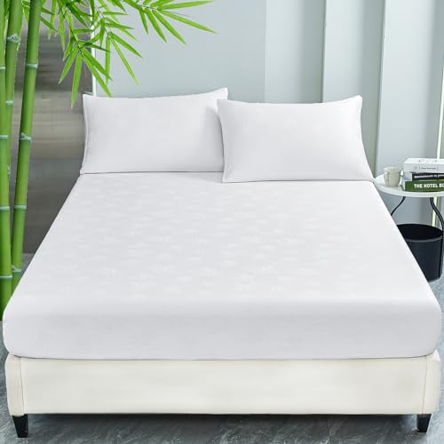 HCORA Spannbetttuch mit Kissenbezügen, 100 % Viskose aus Bambus, Fadenzahl 400, Jacquard-Gewebe, kühlendes Spannbetttuch für heiße Schläfer, 40,6 cm tiefe Tasche mit 2 Spannbetttuchhalterbändern