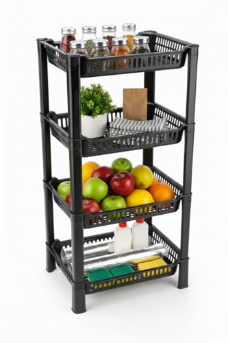 Image of U-Max Multi Tire Kitchen Storage Rack, Plastic Utility Shelf Organiser, Space Saving Storage Solution, Revolving Vegetable Rack (Black, 4)