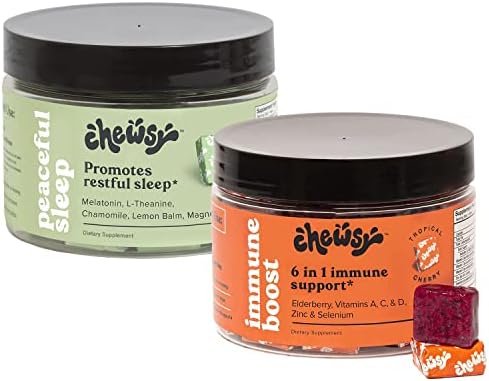 6-in-1 Immune Support Supplement Chews with Elderberry Vitamin C, A & D, Zinc & Selenium+ Peaceful Sleep Chews, 3mg Melatonin, 200 MGS L-Theanine, Chamomile, Lemon Balm, Magnolia, 30 Day Suppl