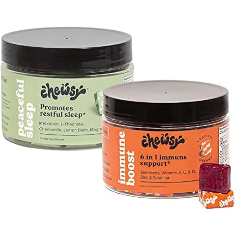 6-in-1 Immune Support Supplement Chews with Elderberry Vitamin C, A & D, Zinc & Selenium+ Peaceful Sleep Chews, 3mg Melatonin, 200 MGS L-Theanine, Chamomile, Lemon Balm, Magnolia, 30 Day Suppl Cover