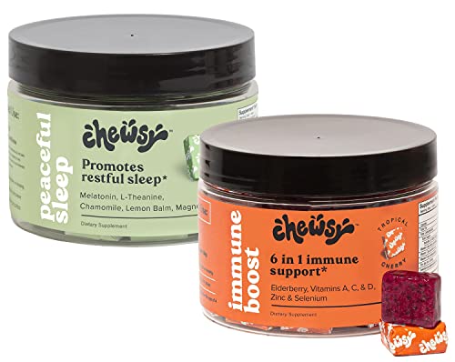 6-In-1 Immune Support Supplement Chews With Elderberry Vitamin C, A & D, Zinc & Selenium+ Peaceful Sleep Chews, 3Mg Melatonin, 200 Mgs L-Theanine, Chamomile, Lemon Balm, Magnolia, 30 Day Suppl #TOP28