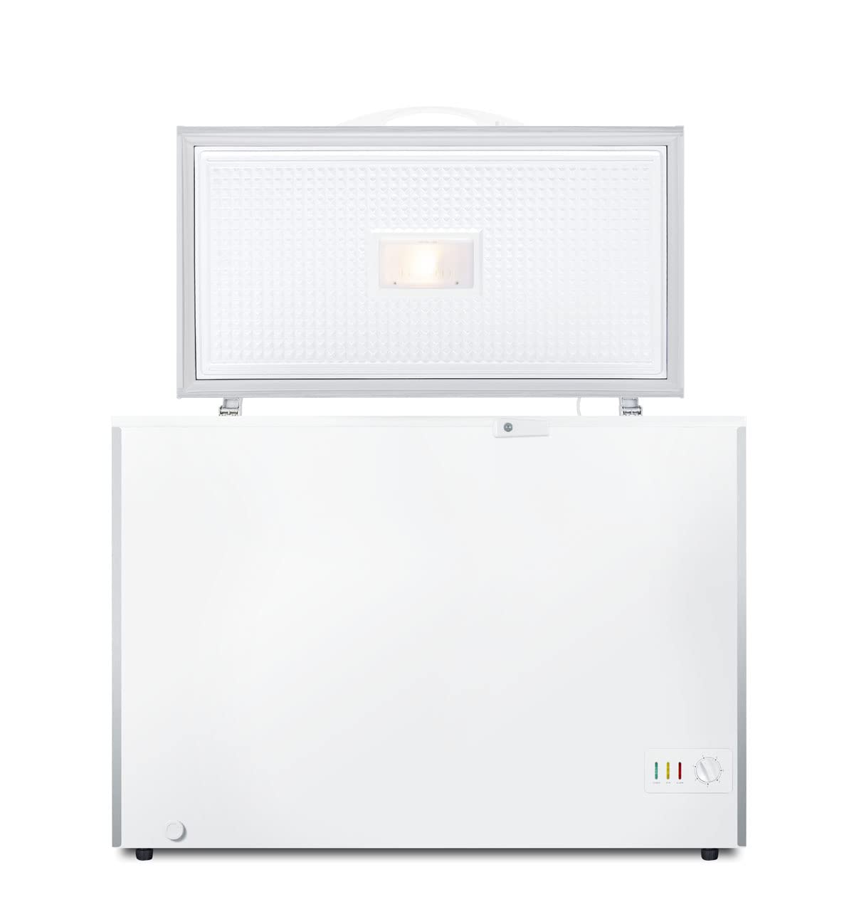 Summit Appliance SCFM103 Commercially Listed 10 Cu.Ft. Chest Freezer in White with Stainless Steel Corner Guards, Manual Defrost, Storage Baskets, Adjustable Thermostat, Removable Divider and Lock on Fridge.com