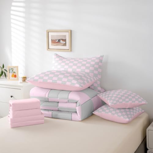 Image of Erosebridal Pink and Grey Girls King Comforter Set 7 Piece Cute Checkered Bedding Sets with Sheets for Kids Teen Women,Geometric Grids Plaid Bed in A Bag Bedroom Decor,Gingham Bed Set
