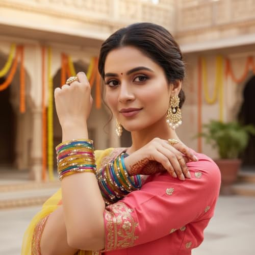 Image of SUNDRAM Women's Premium Fancy Glass Bangles for Women & Girls |with Zircon Gemstone Work & Charm| Traditional Ethnic Bangles Set of 12