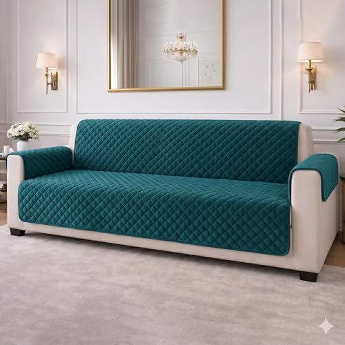 Image of STITCHNEST 'Airsoft Range Series' Solid Quilted Velvet Sofa Cover for 3 Seater | Premium Soft Velvet Sofa Protector | Castleton Green Diamond Quilted Design with Armrest Pockets | Furniture Cover