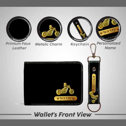 Image of Mens Leather Wallet and Keychain Combo Name Leather Wallet Keychain for Mens Personalized Wallet Keychain Set with Wallets Keychains for Men | Customised Gift Set for Men with Name & Charm, Black