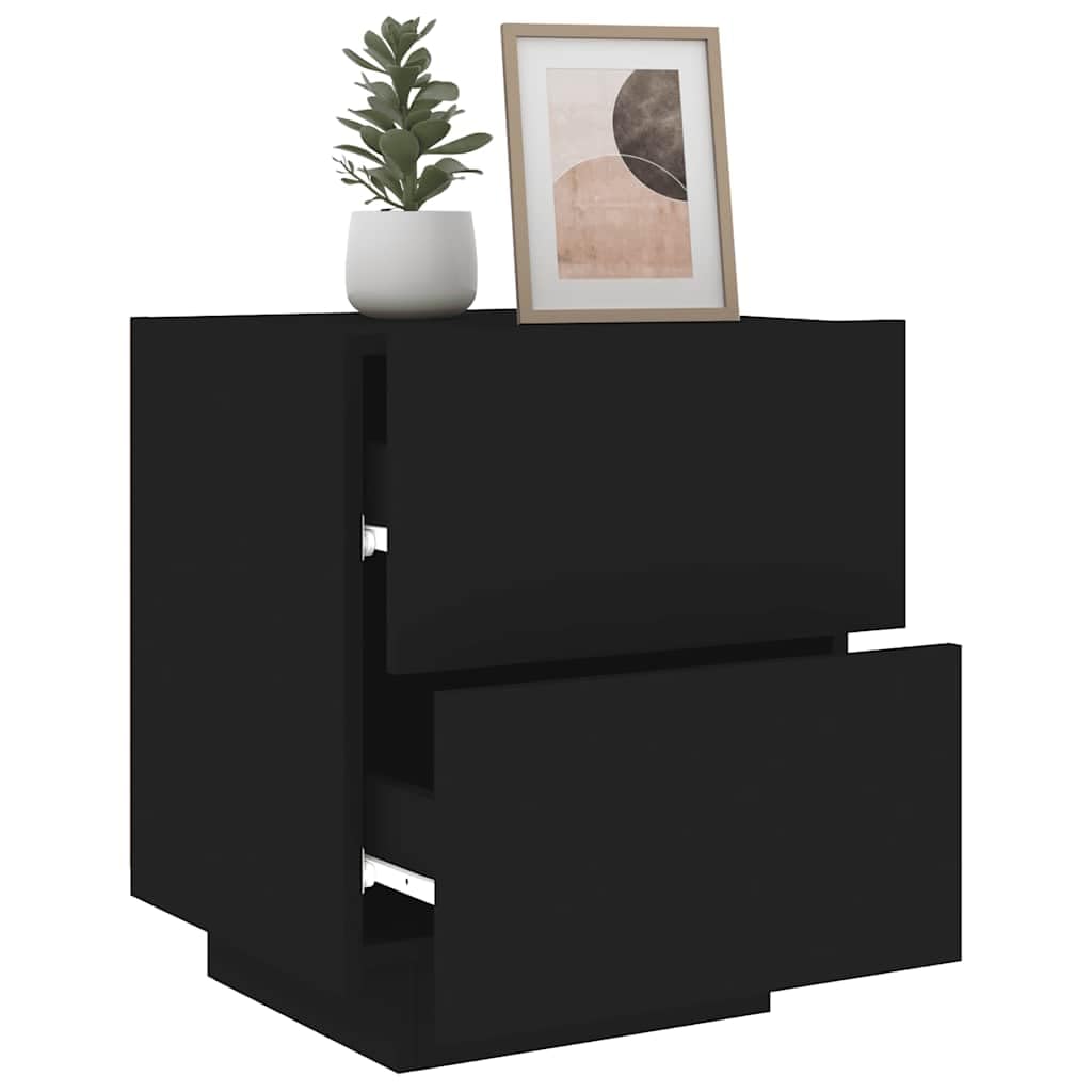 Mesita de noche con luces LED, color negro, madera, 45 x 40 x 55 cm, 2 cajones, iluminación RGB, armario auxiliar moderno para dormitorio y sala de estar