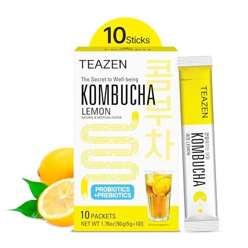 TEAZEN - Zitronen Kombucha Instant Probiotisches Teegetränk - 10 Beutel - Zuckerfrei, Vegan, Kalorienarm - Koreanisches Tropengetränk mit Präbiotika