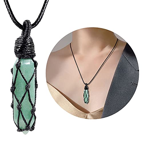 Tumbeelluwa Hexagonal Green Aventurine Crystal Points Pendant Necklace For Unisex Wrapped Stone Wand Pendant With Adjustable Cord #TOP3