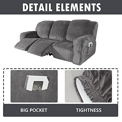 Funda de sillón extensible de terciopelo relax gris de tres plazas lavable 5