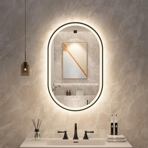 STARLEAD Schwarz Oval-LED-Badspiegel-mit-Beleuchtung 80x50cm, Bluetooth, Dimmbar, 3 Lichtfarben, Entfogging, Speicherfunktion, HD Hartglas, IP44, Horizontal/Vertikal, Nicht-Metallischer Rahm
