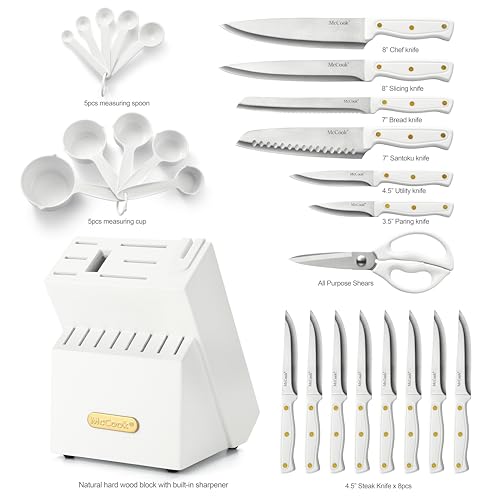 Image of McCook Knife Sets, White High Carbon Stainless Steel Kitchen Knife Sets with with Built-in Sharpener, 26-Piece Razor-Sharp Kitchen Knives with Ergonomic Handles, Elegant Box for Gift, White