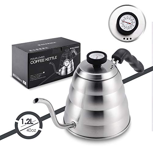 Chaleira de aço inoxidável com termômetro, bico fino de pescoço de ganso para servir sobre a cafetei