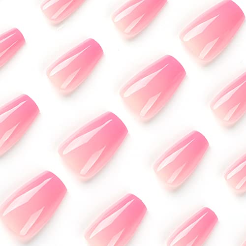 Short Press On Nails Short Fake Nails Pink Ombre Short Ballet Nail Art False Nails,Square Self Adhesive Acrylic Full Cover Glossy Nail Kit For Girls And Women Nail Tips 24 Pcs #TOP2