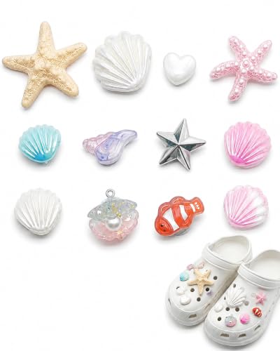 YIPFEN Lot de 12 Breloques pour Chaussures Motifs Mer, Étoile de Mer Coquillage Poisson Cœur, Clips Décoratifs pour Sabots et Sandales avec Trous Compatibles, Accessoires d’Été