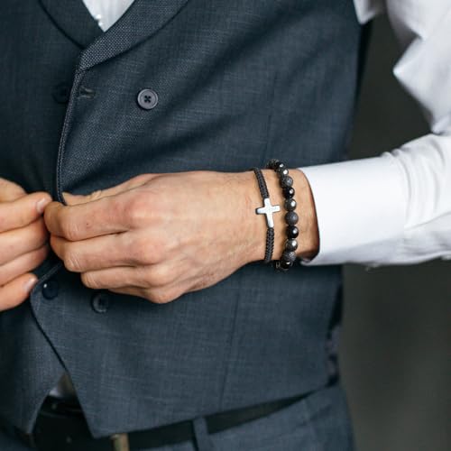 2 pcs Cross Beaded Bracelets for Men,8mm Black Obsidian Tiger eyes Hematite Mens Triple Protection Bracelet Set Fathers Day Birthday Jewelry Gifts2