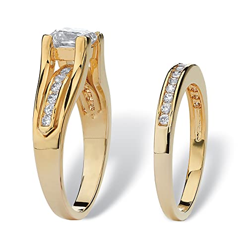 PalmBeach Yellow Gold-Plated Princess Cut Cubic Zirconia Channel Bridal Ring Set Sizes 5-102