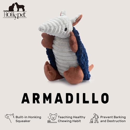 Image of Hollypet Plush Dog Squeaky Toy Stuffed Armadillo Animal Pet Puppy Chew Toys with Clean Teeth for Small Medium Large All Breed Sizes Dogs, Ultramarine, 8 in