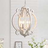 LWYTJO Farmhouse Chandelier, Rustic Wood French Country Chandelier for Dining Room, 4 Light Vintage White Light Fixture for Hallway Foyer Living Room Entryway Kitchen Island Bedroom