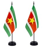 WXTWK 2 Pack Suriname Flag Suriname Deluxe Desk Flag Set - Mini Small Suriname Table Office Flags with Black 12" Solid Pole Stand Base Classroom Meeting Desktop Decorations