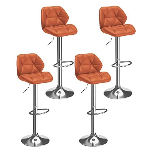Cozy Castle Bar Stool Set of 4, Swivel Counter Stool, Vintage Adjustable Barstool, Diamond Padded Faux Leather Bar Chair, 24 to 32 Inch Height, Burnt Orange