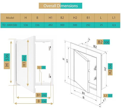 AIROPE – 300X500 MM Revisionsklappe aus Stahl Weiß, mit Druckmechanismus und Verriegelung, für Decke und Wand, seitliche Öffnung Links/Rechts, Zugangsklappe für Wasserzähler, Badewanne, Rohre