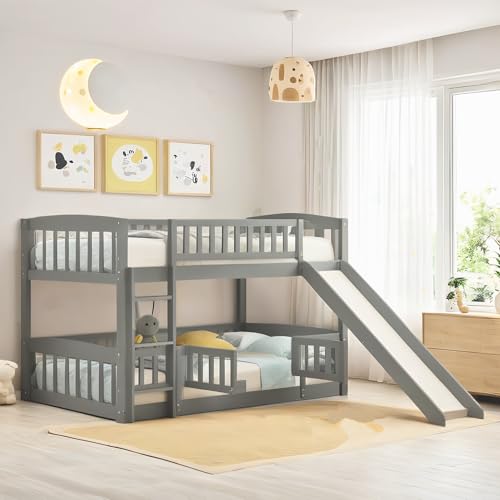 Low Bunk Bed with Slide Twin Over Twin Bunk Beds for Kids Toddlers, Wood...