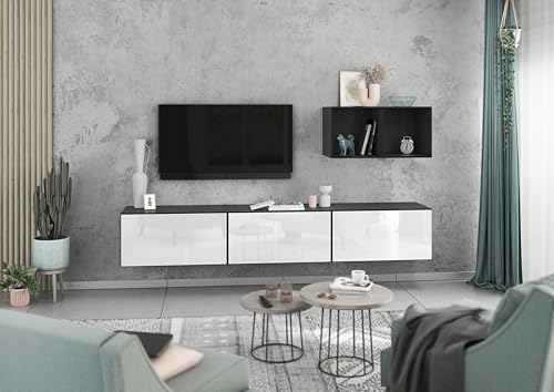BMG Möbel Wohnwand Set 5 teilig individuell montierbar, 3 Schränke Mir Klappen und Softclose, 2X offenes Regal, wählbar in 8 Farbkombinationen (Anthrazit - Weiß Hochglanz)