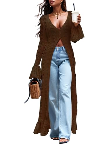 KWSTAIN Cardigan Sweaters for Women Trendy Lightweight Crochet Long Duster Button Up Bell Long Sleeve Ruffle Knit Maxi Dress (Brown,L)