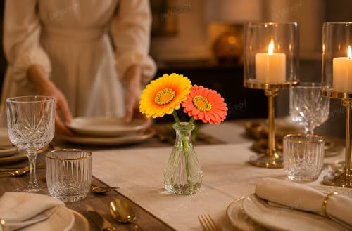 Image of Divyakosh Artificial Flower Vase | Glass Vase (1) with Gerbera Flowers (2) | Home Decoration Items for Living Room | Aesthetic Home Decor, Vase for Home decor'