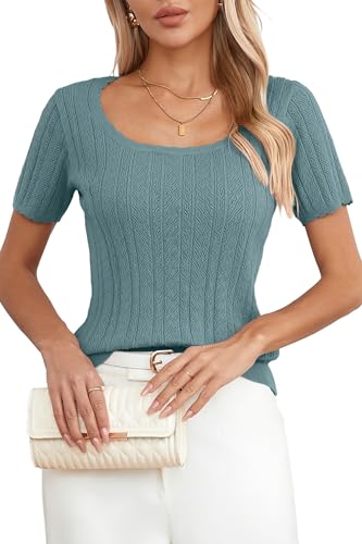 Arach&Cloz Women 2025 Spring Short Sleeve Square Neck Fashion T Shirts Knit Pullover Sweater Casual Dressy Summer Tops