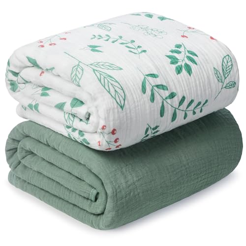 Image of Muslin Swaddle Blankets for Newborn, 2 Pack Breathable Soft Receiving Blanket, Large 41 x 41 inches Swaddle Wrap Burping Clothes, Essentials Infant Shower Items. (Green & Leaves)