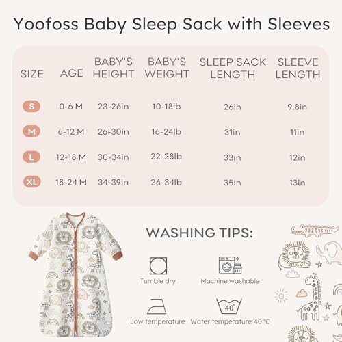 Image of Yoofoss Baby Sleep Sack 0-6 Months 1.0 Tog Long Sleeve Organic Cotton