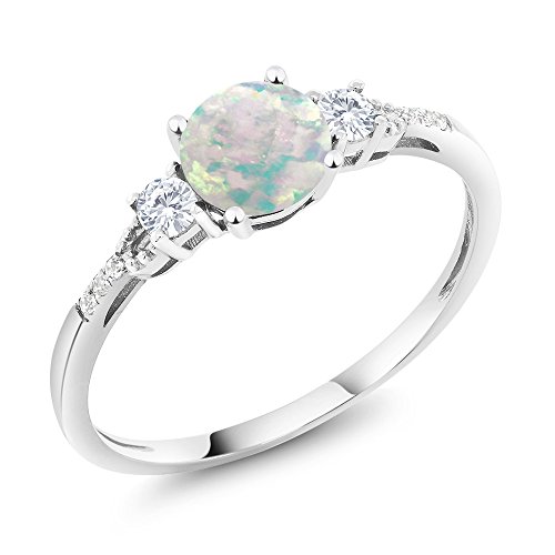 Gem Stone King 10K White Gold White Simulated Opal White Created Sapphire and Diamond Accent 3-Stone Women s Engagement Ring 0.45 cttw (Size 9)