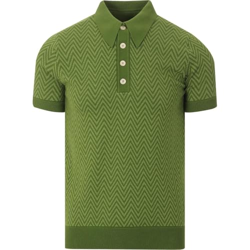 Men's Retro Green Knitted Poloshirt, 1960s Mod Vintage Texture Polo Cotton Short Sleeve with Quarter Button