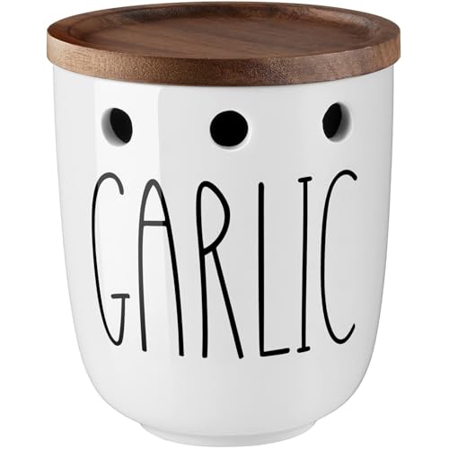 Counter Ceramic Garlic Keeper with Wood Lid White