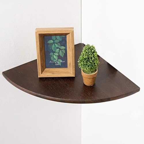 Conamily Corner Shelf,12inch Walnut Solid Wood Floating Corner Shelves Wall Mount Round End Floating Speaker Rack with Wire Hole for Small Plant for Bedroom Kitchen