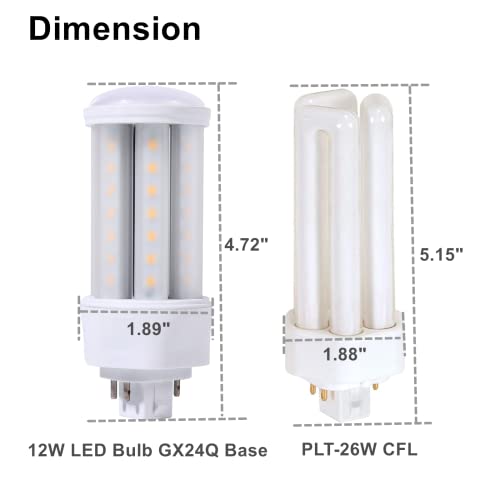 Satzol Gx24Q 4 Pack 12W Gx24Q 4 Pin Base Led Bulb Warm White 3000K, Equivalent Plt-26W Gx24Q-3 Compact Fluorescent Light Bulb, Bypass The Ballast(Remove The Ballast) #TOP2