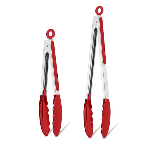 TeamFar Kitchen Tongs, 9" and 12" Stainless Steel Cooking Tongs with Silicone Tips for Cooking Grilling Serving & BBQ, Heat Resistant Silicone Tongs, Locking Design & Dishwasher Safe, Set of