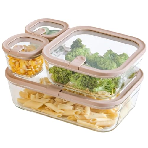 Nestasia Vento Glass Containers with Lid Set of 4 (220ml x 2, 1320ml x 1, 2500ml x 1) - Microwave, Refrigerator & Dishwasher Safe Containers with Air Vent Lid for Fridge Storage (Beige)