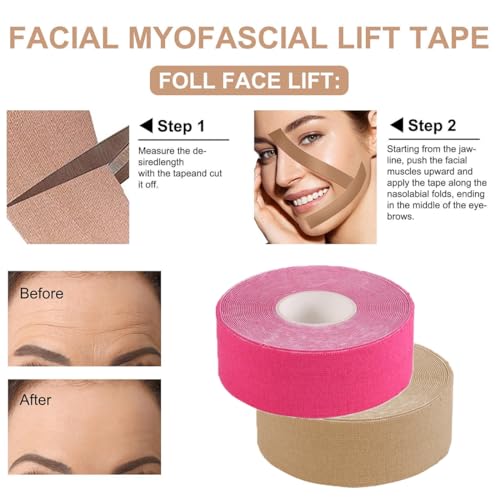 SIRLOMU 2 Rouleaux Bande de Lifting du Visage Multifonctionnelle Myofasciale, Bande Anti-Rides Respirante (2,5cm X 5m) (Blanc + Rose) – vue 6