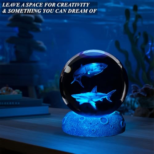 Image of Shark Night Light, 3D Crystal Ball Shark Lamp, Underwater Gifts with 16 Color Remote Upgraded 3.15 Inch Ball for Room Decor Boys Girls Birthday Xmas Cool Figurines Gifts