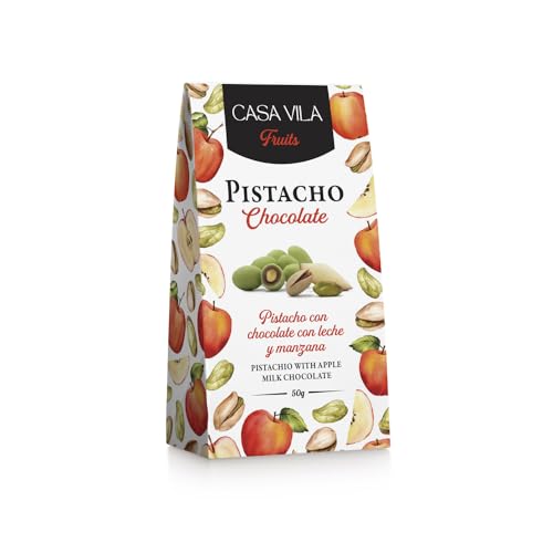 CASA VILA Bombones de Pistacho con chocolate con leche y sabor a manzana. Estuche 50g.